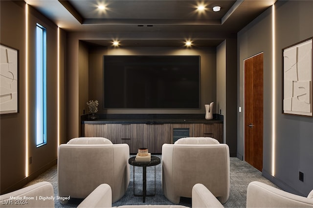 cinema featuring carpet flooring and a tray ceiling