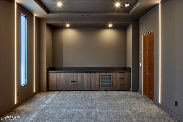 carpeted spare room with a raised ceiling