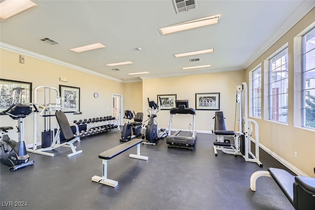 exercise room with crown molding