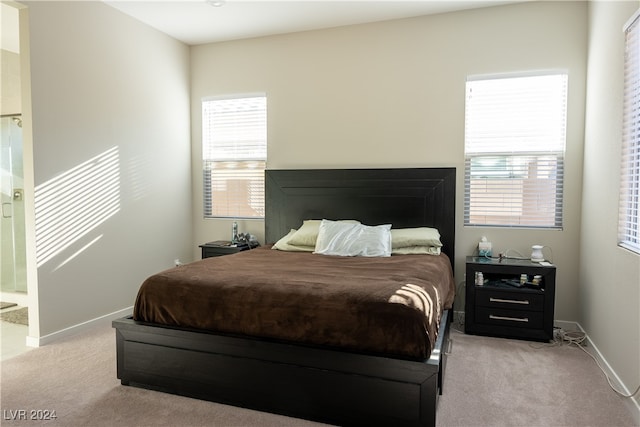 bedroom featuring ensuite bath and light carpet