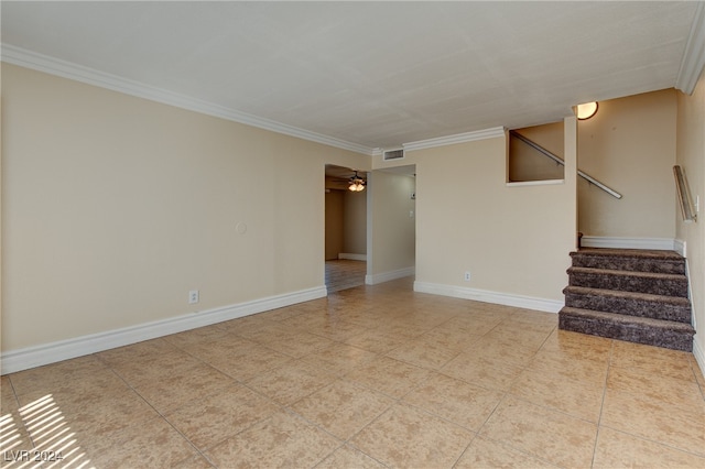 unfurnished living room featuring ceiling fan, crown molding, and light tile patterned flooring