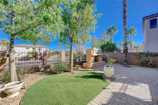 view of yard featuring a patio area and exterior fireplace