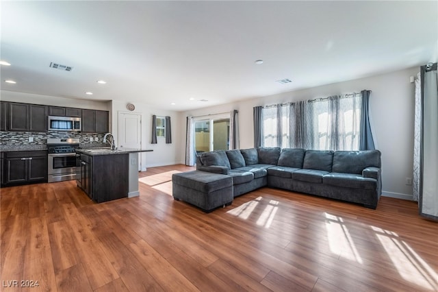 living room with wood-type flooring and sink