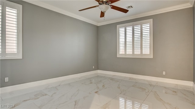 unfurnished room featuring ceiling fan and ornamental molding