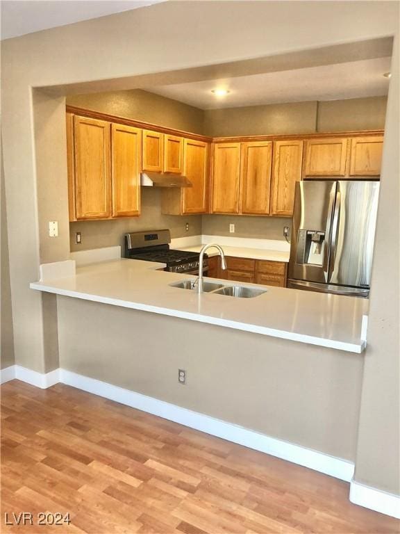 kitchen with kitchen peninsula, sink, light wood-type flooring, and appliances with stainless steel finishes