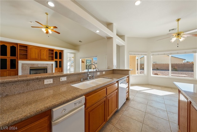 kitchen featuring dishwasher, lofted ceiling, and a wealth of natural light