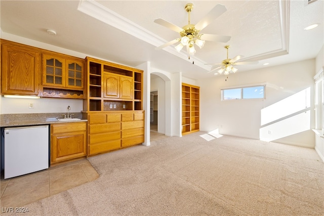 kitchen featuring light carpet, a raised ceiling, ceiling fan, crown molding, and sink