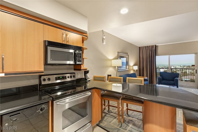 kitchen featuring dark countertops, a kitchen breakfast bar, open floor plan, a peninsula, and stainless steel appliances