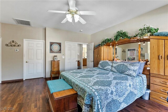 2349 Cottage View Ct, Laughlin, NV 89029 - bedroom with dark wood finished floors and ceiling fan