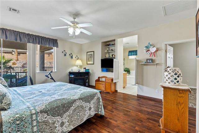 bedroom with access to exterior, ceiling fan, ensuite bathroom, and wood-type flooring