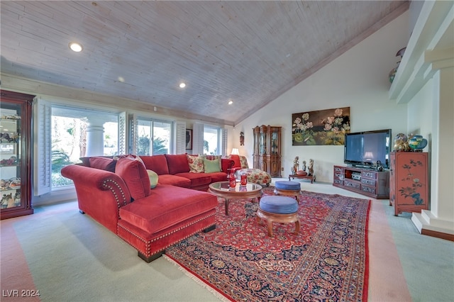 living room with wood ceiling, light carpet, and high vaulted ceiling