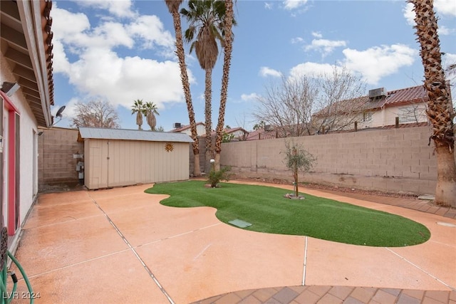 view of yard featuring a patio area and a storage unit