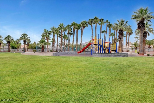 view of jungle gym featuring a yard