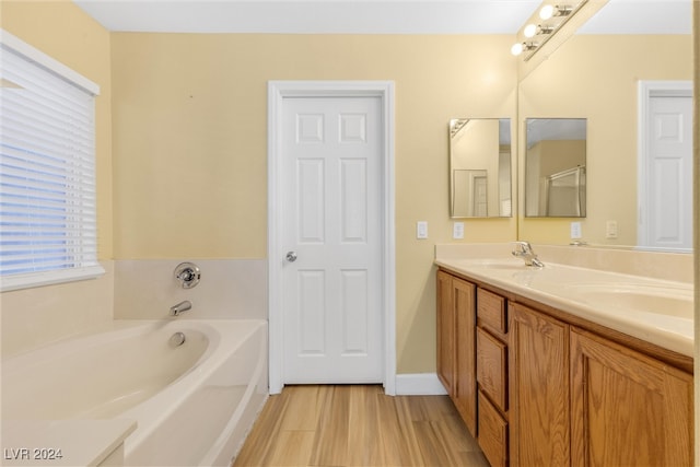 bathroom with a bath, vanity, and wood-type flooring