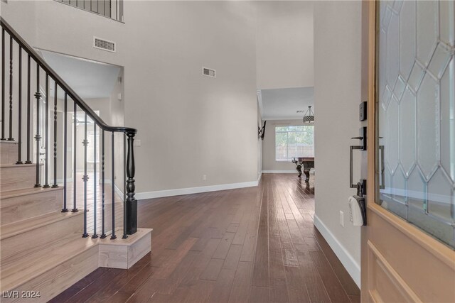 entryway featuring dark hardwood / wood-style flooring, a towering ceiling, and pool table