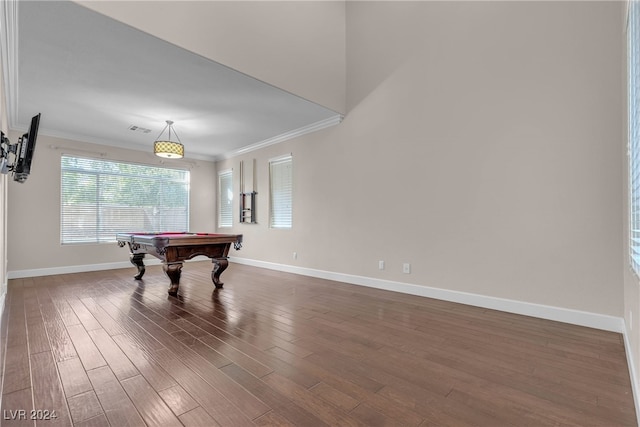 rec room with dark hardwood / wood-style flooring, crown molding, and pool table