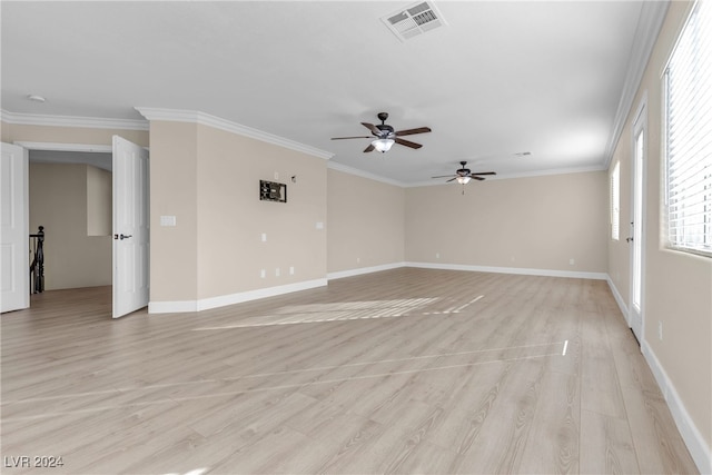 spare room with ceiling fan, light hardwood / wood-style floors, and ornamental molding