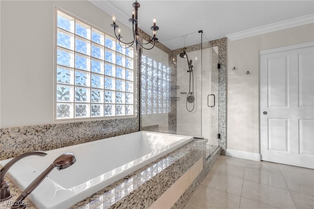 bathroom with separate shower and tub, tile patterned flooring, ornamental molding, and a notable chandelier