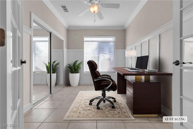 tiled office with ceiling fan and ornamental molding