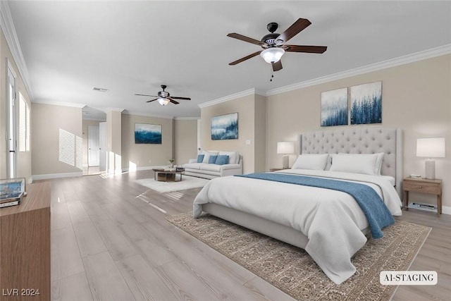 bedroom featuring ceiling fan, ornamental molding, and light hardwood / wood-style flooring