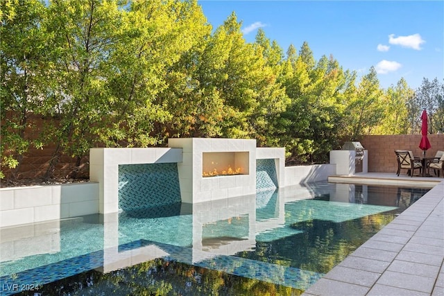 view of swimming pool featuring an outdoor kitchen