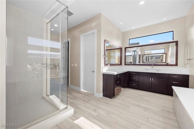 bathroom featuring vanity, wood-type flooring, and a shower with shower door