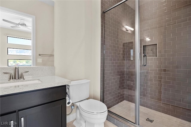 bathroom with vanity, an enclosed shower, and toilet