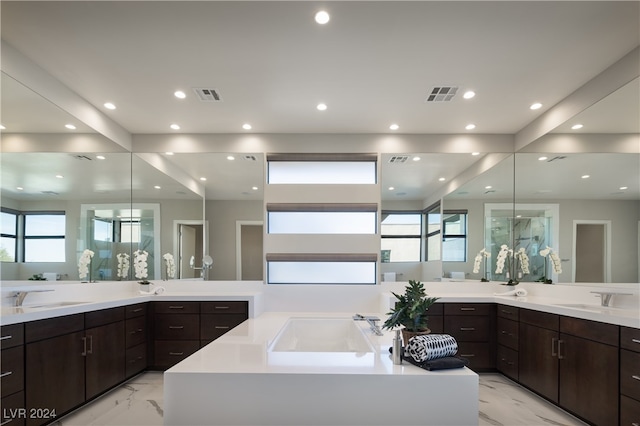 bathroom featuring vanity, a healthy amount of sunlight, and shower with separate bathtub