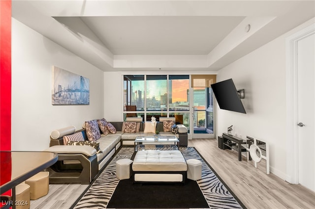 living room featuring light hardwood / wood-style floors, a raised ceiling, and a wall of windows