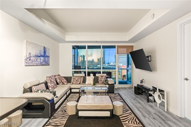 living room with a tray ceiling, light hardwood / wood-style flooring, and expansive windows