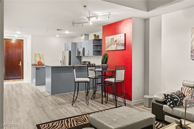 kitchen featuring gray cabinetry, light wood-type flooring, rail lighting, and appliances with stainless steel finishes