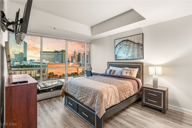 bedroom with light wood-type flooring and a raised ceiling