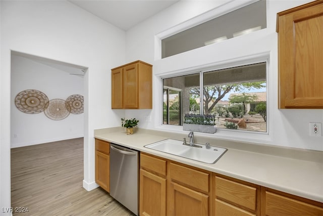 kitchen featuring sink, stainless steel dishwasher, and light wood-type flooring