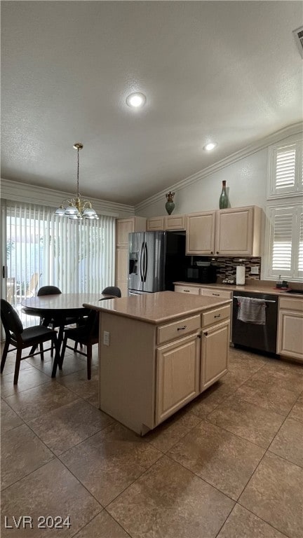 kitchen featuring stainless steel refrigerator with ice dispenser, vaulted ceiling, dishwasher, a center island, and hanging light fixtures