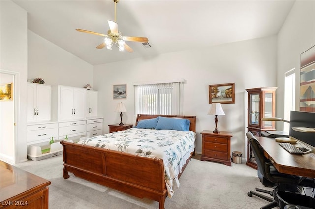 carpeted bedroom featuring high vaulted ceiling and ceiling fan