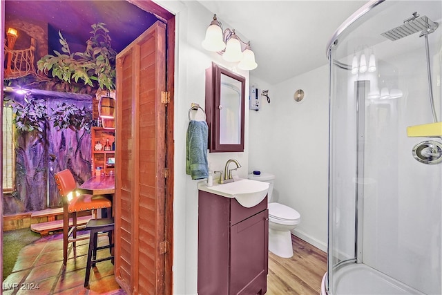 bathroom with vanity, wood-type flooring, an enclosed shower, and toilet