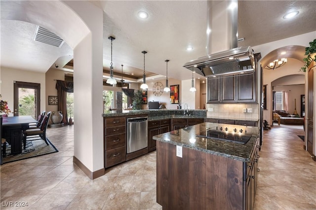 kitchen featuring pendant lighting, dark brown cabinets, island exhaust hood, black electric cooktop, and stainless steel dishwasher