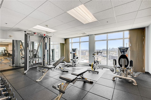 workout area featuring a drop ceiling and a wall of windows