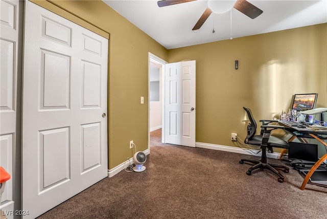 carpeted office with ceiling fan