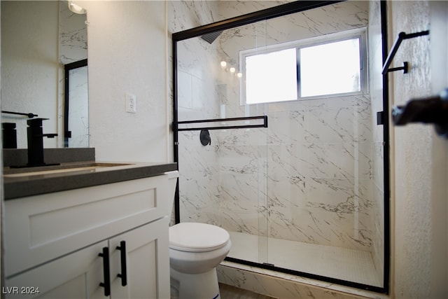 bathroom featuring toilet, vanity, and walk in shower