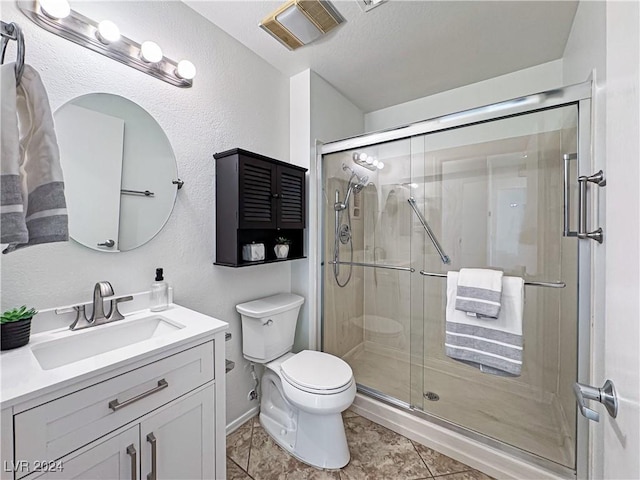 full bath with visible vents, a shower stall, toilet, and vanity