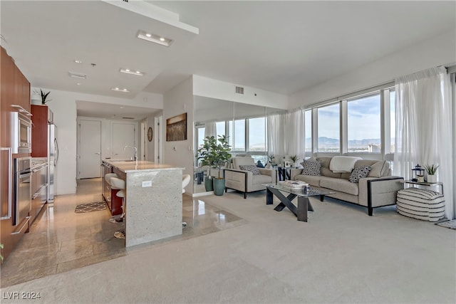 carpeted living room with sink