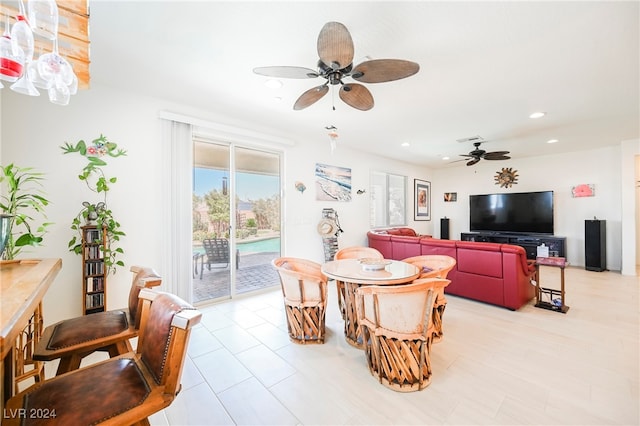 dining space featuring a ceiling fan, recessed lighting, and visible vents