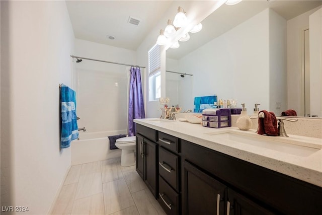 full bathroom featuring toilet, a sink, visible vents, and shower / tub combo with curtain