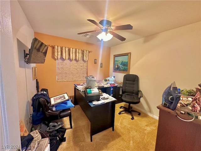 office area with ceiling fan and light colored carpet