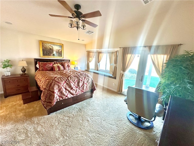 bedroom with carpet flooring, access to outside, and ceiling fan