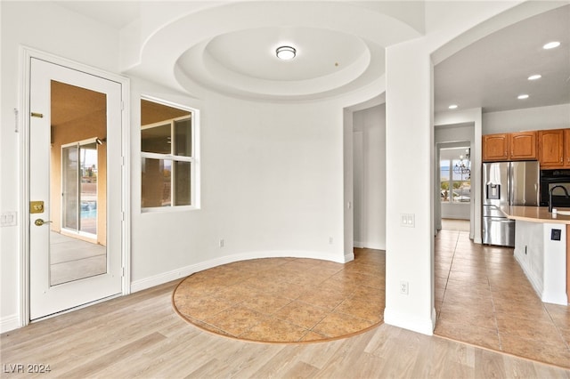 spare room featuring light hardwood / wood-style floors, a raised ceiling, and a wealth of natural light