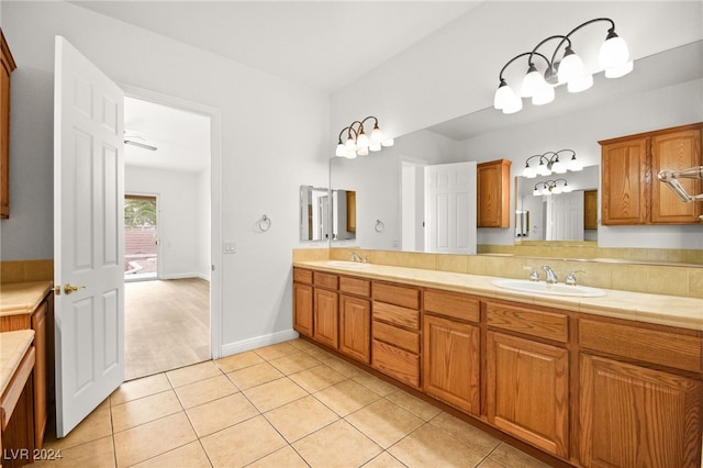 bathroom with vanity, tile patterned floors, and ceiling fan