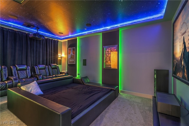 carpeted home theater room featuring a tray ceiling