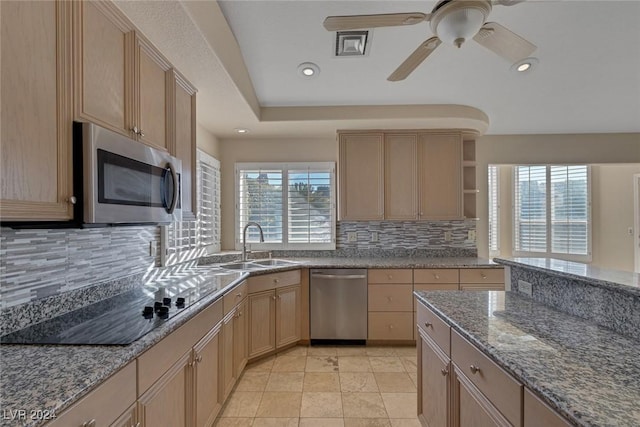 kitchen with decorative backsplash, light brown cabinets, stainless steel appliances, and a wealth of natural light